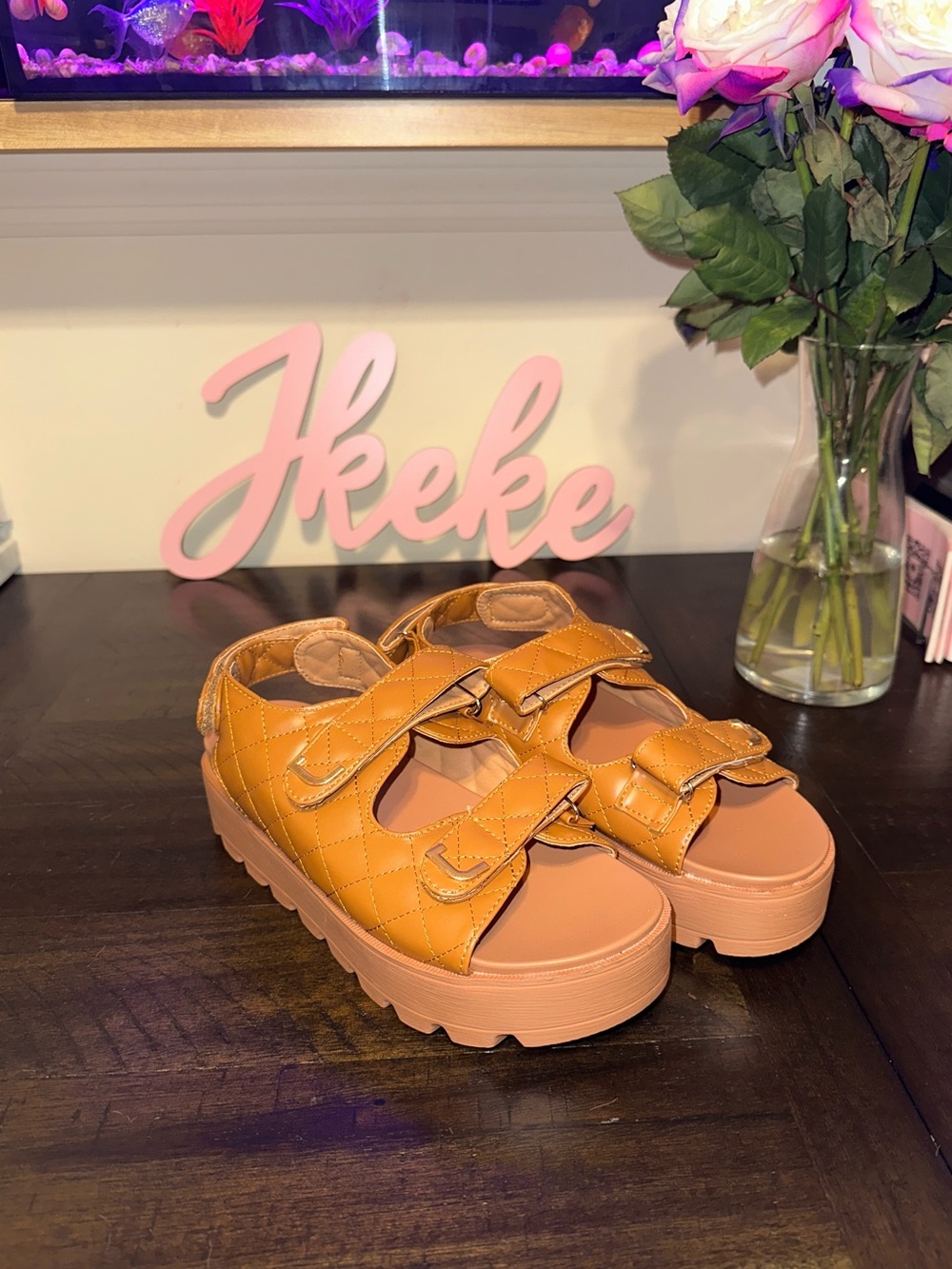 Brown Quilted Chunky Platform Velcro Sandals sizes 6, 7, 8, 9, 10, 11